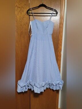 Gianni Bini Blue & White Striped Ruffle-Hem Sundress Size 2